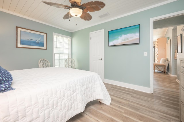 17462 Front Beach Rd Unit 18C, Panama City Beach, FL 32413 - bedroom with light wood-style floors, ornamental molding, a ceiling fan, and wooden ceiling