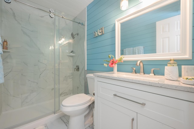 17462 Front Beach Rd Unit 18C, Panama City Beach, FL 32413 - full bath featuring marble look tile flooring, a marble finish shower, vanity, and wooden walls