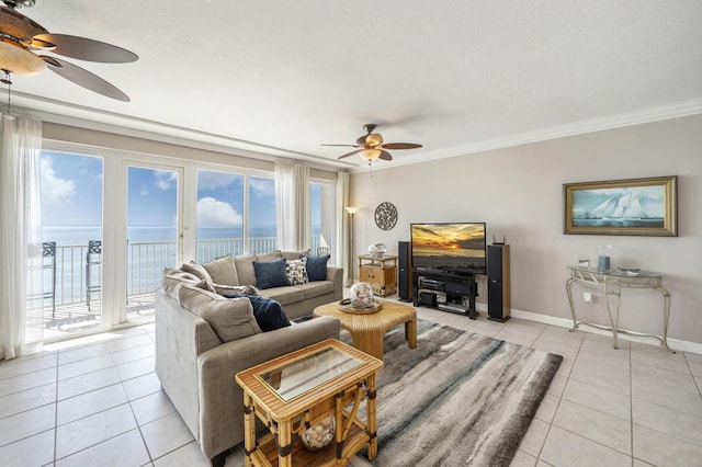 955 Scenic Gulf Dr Unit 410, Miramar Beach, FL 32550 - living room featuring ceiling fan, light tile patterned floors, and ornamental molding