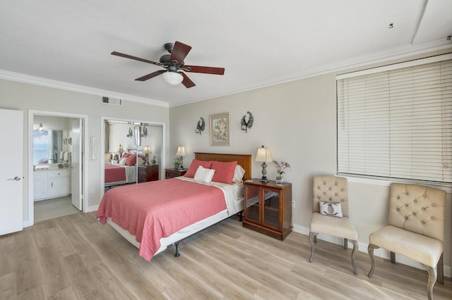955 Scenic Gulf Dr Unit 410, Miramar Beach, FL 32550 - bedroom featuring crown molding, light wood-style flooring, a closet, ensuite bathroom, and ceiling fan