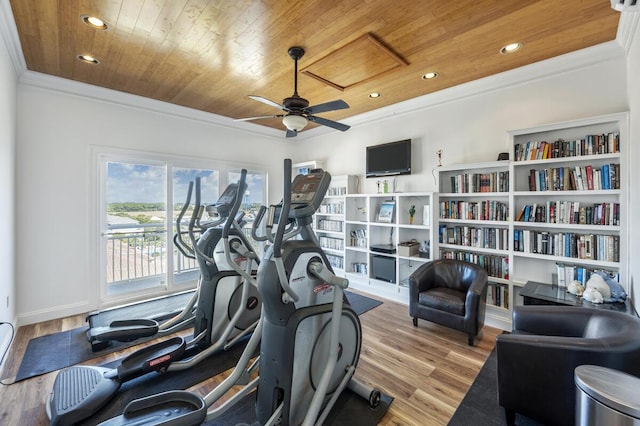 955 Scenic Gulf Dr Unit 410, Miramar Beach, FL 32550 - exercise room featuring ornamental molding, wooden ceiling, a ceiling fan, wood finished floors, and recessed lighting