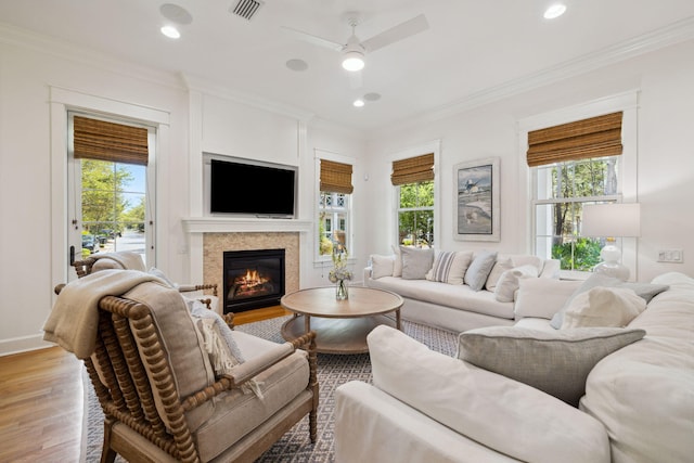 9 W Salt Box Ln, Watersound, FL 32461 - living room with ornamental molding, healthy amount of natural light, a ceiling fan, light wood-style floors, and a glass covered fireplace