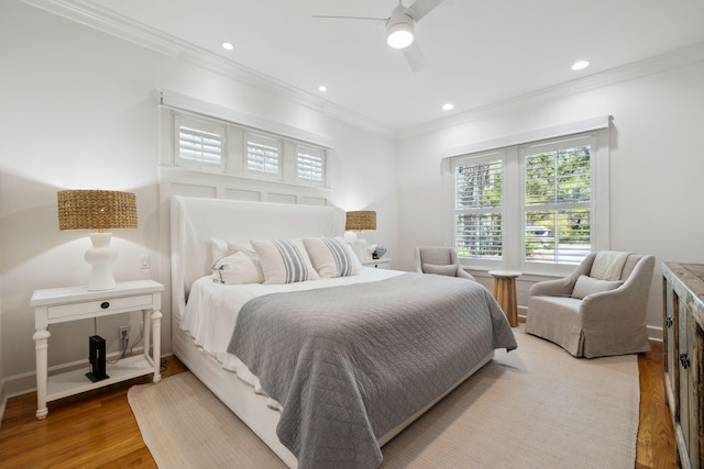 9 W Salt Box Ln, Watersound, FL 32461 - bedroom featuring ornamental molding, wood finished floors, ceiling fan, and recessed lighting