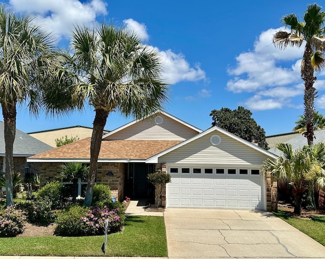 4643 Windstarr Dr, Destin, FL 32541 - single story home featuring a garage, concrete driveway, brick siding, and a shingled roof