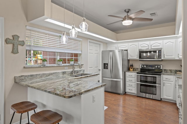 3228 Mcmillan Creek Dr, Milton, FL 32583 - kitchen with appliances with stainless steel finishes, a peninsula, white cabinetry, a kitchen breakfast bar, and light stone countertops