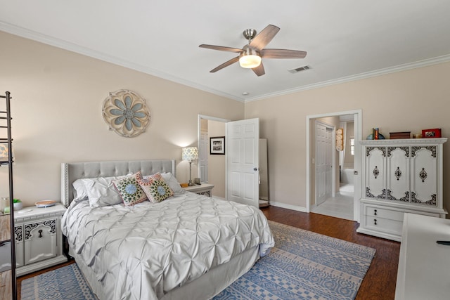 3228 Mcmillan Creek Dr, Milton, FL 32583 - bedroom featuring crown molding, wood finished floors, ensuite bathroom, and a ceiling fan
