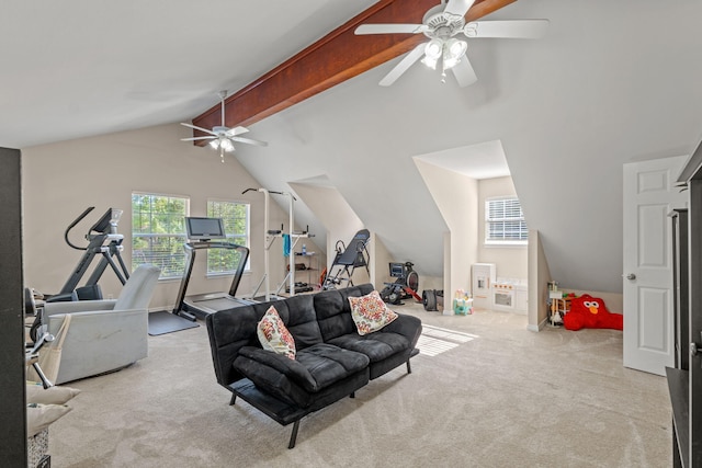 3228 Mcmillan Creek Dr, Milton, FL 32583 - workout room featuring a ceiling fan, carpet, healthy amount of natural light, and lofted ceiling