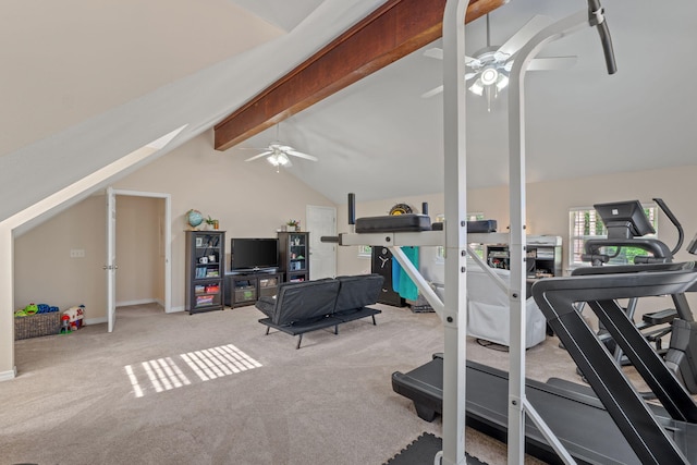 3228 Mcmillan Creek Dr, Milton, FL 32583 - workout area with a ceiling fan, carpet flooring, and vaulted ceiling