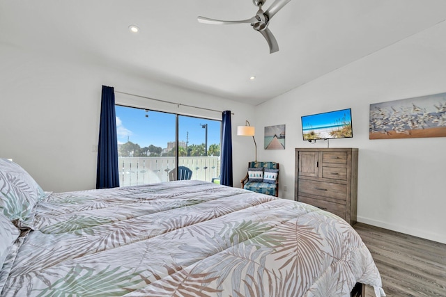 115 Gulf Winds Ct Unit 2, Destin, FL 32541 - bedroom with access to exterior, wood finished floors, vaulted ceiling, recessed lighting, and a ceiling fan