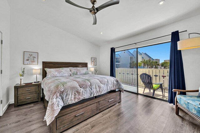 115 Gulf Winds Ct Unit 2, Destin, FL 32541 - bedroom with access to exterior, wood finished floors, lofted ceiling, recessed lighting, and ceiling fan