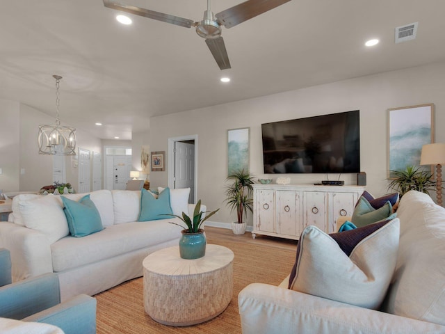 9815 W US Highway 98 Unit 48, Miramar Beach, FL 32550 - living room featuring a chandelier, wood finished floors, recessed lighting, and ceiling fan