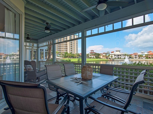 9815 W US Highway 98 Unit 48, Miramar Beach, FL 32550 - view of patio / terrace featuring ceiling fan, outdoor dining space, a water view, and a residential view