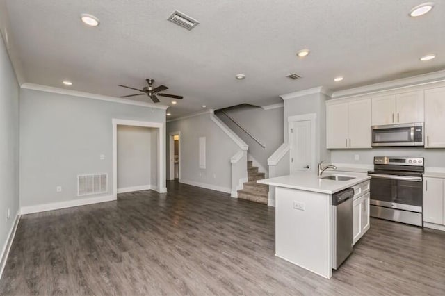 151 N Sand Palm Rd Unit 151, Freeport, FL 32439 - kitchen with stainless steel appliances, ornamental molding, open floor plan, light countertops, and ceiling fan