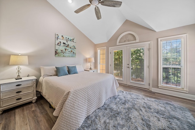 72 Vantage Pt, Miramar Beach, FL 32550 - bedroom with access to outside, lofted ceiling, dark wood-type flooring, french doors, and ceiling fan