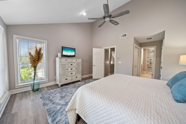 72 Vantage Pt, Miramar Beach, FL 32550 - bedroom with wood finished floors, a ceiling fan, and high vaulted ceiling