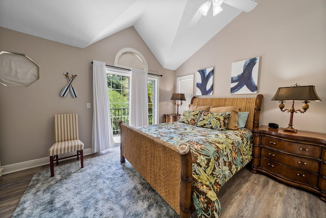 72 Vantage Pt, Miramar Beach, FL 32550 - bedroom featuring access to outside, wood finished floors, lofted ceiling, and ceiling fan