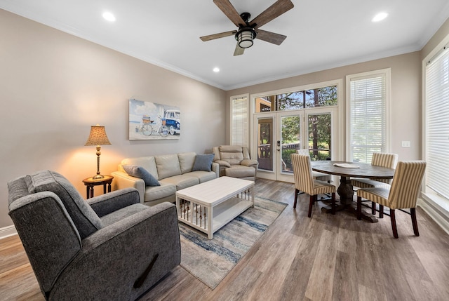 72 Vantage Pt, Miramar Beach, FL 32550 - living area with a ceiling fan, wood finished floors, recessed lighting, and crown molding
