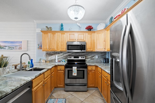 17643 Front Beach Rd Unit 1905, Panama City Beach, FL 32413 - kitchen featuring appliances with stainless steel finishes, ornamental molding, decorative backsplash, light tile patterned flooring, and a chandelier