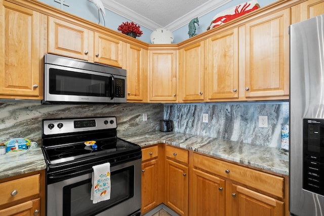 17643 Front Beach Rd Unit 1905, Panama City Beach, FL 32413 - kitchen featuring appliances with stainless steel finishes, decorative backsplash, light stone countertops, ornamental molding, and a textured ceiling