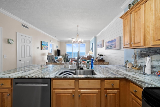 17643 Front Beach Rd Unit 1905, Panama City Beach, FL 32413 - kitchen with dishwasher, open floor plan, ornamental molding, a peninsula, and light stone counters