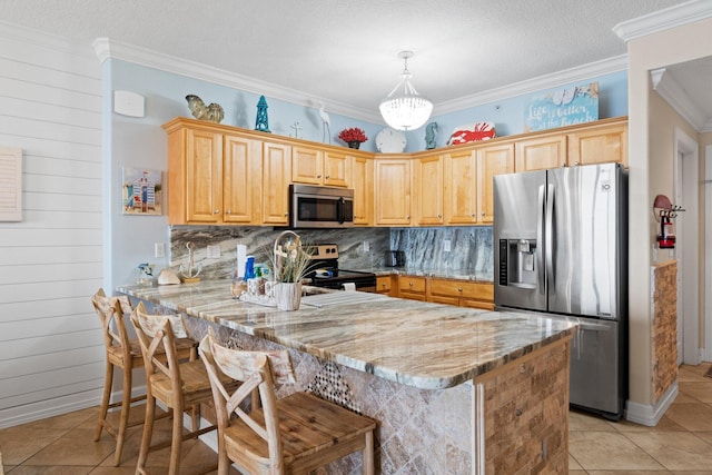 17643 Front Beach Rd Unit 1905, Panama City Beach, FL 32413 - kitchen featuring appliances with stainless steel finishes, backsplash, a peninsula, light tile patterned floors, and crown molding