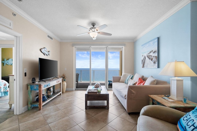 17643 Front Beach Rd Unit 1905, Panama City Beach, FL 32413 - tiled living area with a ceiling fan, a textured ceiling, and crown molding