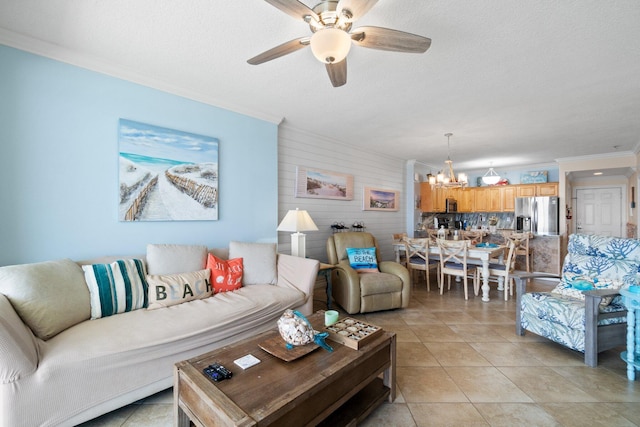 17643 Front Beach Rd Unit 1905, Panama City Beach, FL 32413 - living room with ceiling fan, a chandelier, crown molding, a textured ceiling, and light tile patterned floors