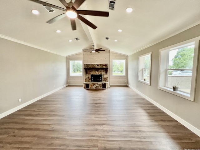 16 N 1st St, Defuniak Springs, FL 32433 - unfurnished living room with ceiling fan, a fireplace, wood finished floors, recessed lighting, and crown molding