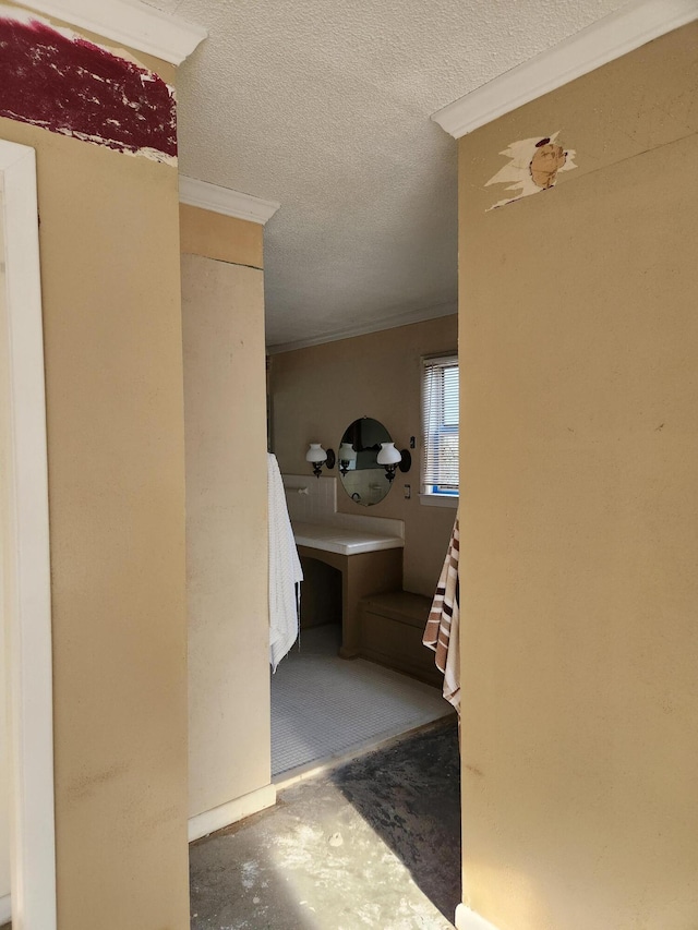 5131 Wiggins Lake Rd, Walnut Hill, FL 32568 - bathroom with concrete flooring, ornamental molding, and a textured ceiling