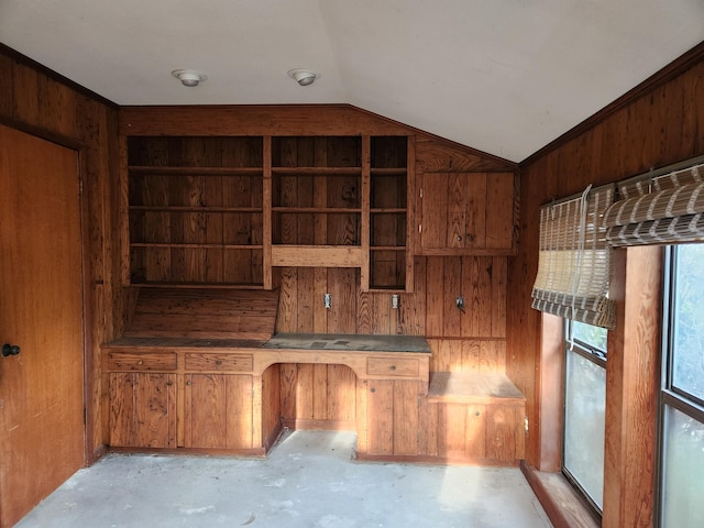 5131 Wiggins Lake Rd, Walnut Hill, FL 32568 - unfurnished office featuring concrete floors, lofted ceiling, and wood walls