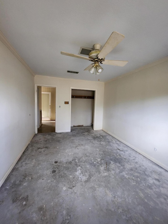 5131 Wiggins Lake Rd, Walnut Hill, FL 32568 - unfurnished bedroom with concrete floors, crown molding, a closet, and ceiling fan