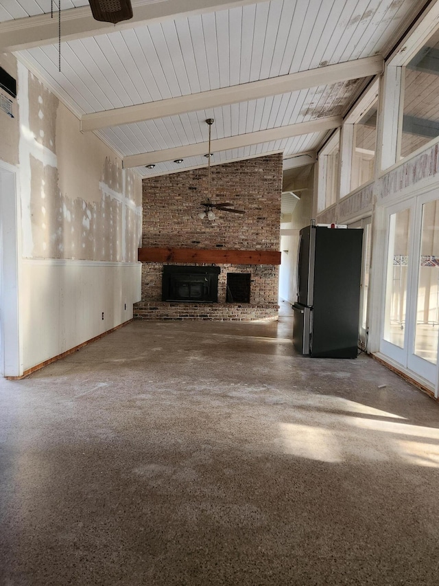 5131 Wiggins Lake Rd, Walnut Hill, FL 32568 - unfurnished living room featuring a brick fireplace, carpet, a wainscoted wall, and wooden ceiling