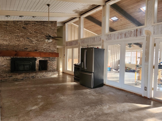 5131 Wiggins Lake Rd, Walnut Hill, FL 32568 - unfurnished living room with a ceiling fan, high vaulted ceiling, a brick fireplace, and a wood ceiling with exposed beams