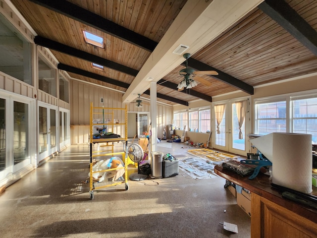 5131 Wiggins Lake Rd, Walnut Hill, FL 32568 - living area with a ceiling fan, french doors, and a wooden ceiling with exposed beams
