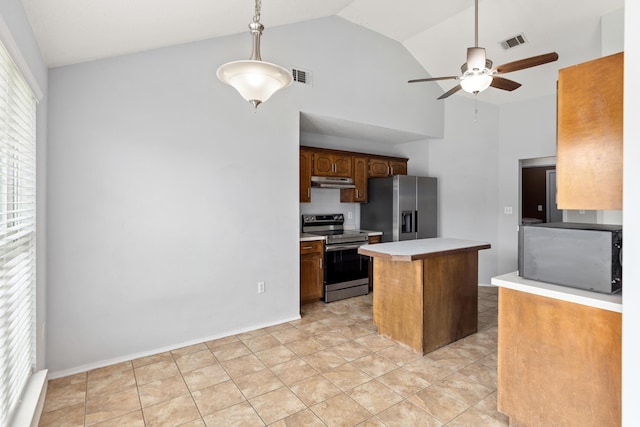 4601 Top Flight Dr, Crestview, FL 32539 - kitchen featuring appliances with stainless steel finishes, under cabinet range hood, a ceiling fan, high vaulted ceiling, and light countertops