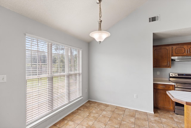 4601 Top Flight Dr, Crestview, FL 32539 - unfurnished dining area with vaulted ceiling, a textured ceiling, and light tile patterned flooring