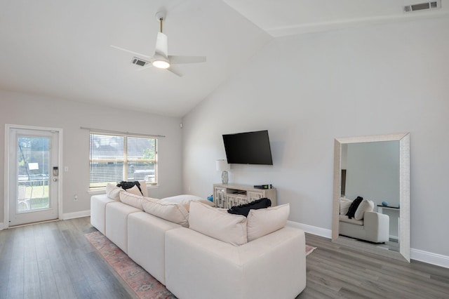 138 Crab Apple Ave, Crestview, FL 32536 - living room featuring a ceiling fan, wood finished floors, and high vaulted ceiling