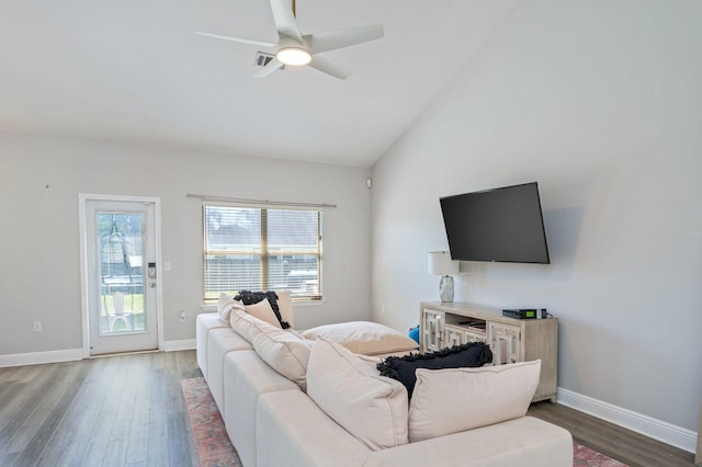 138 Crab Apple Ave, Crestview, FL 32536 - living room featuring wood finished floors, vaulted ceiling, and a ceiling fan