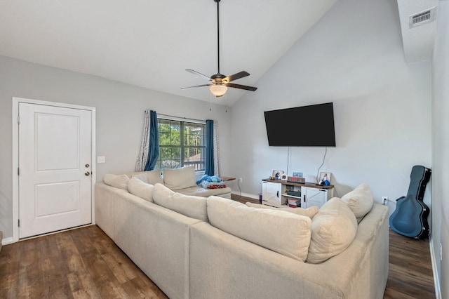 1207 Walter Ave, Crestview, FL 32536 - living area with wood finished floors, ceiling fan, and high vaulted ceiling