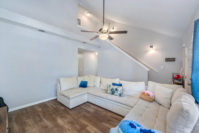 1207 Walter Ave, Crestview, FL 32536 - living room featuring a ceiling fan, wood finished floors, and high vaulted ceiling