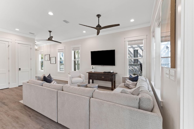 24 Barefoot Ln, Inlet Beach, FL 32461 - living room with a ceiling fan, wood finished floors, ornamental molding, and recessed lighting