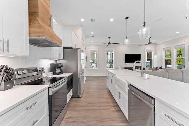 24 Barefoot Ln, Inlet Beach, FL 32461 - kitchen with appliances with stainless steel finishes, ceiling fan, premium range hood, open floor plan, and crown molding