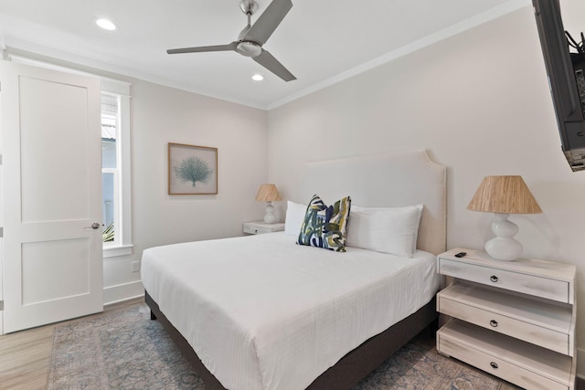 24 Barefoot Ln, Inlet Beach, FL 32461 - bedroom with wood finished floors, crown molding, recessed lighting, and ceiling fan