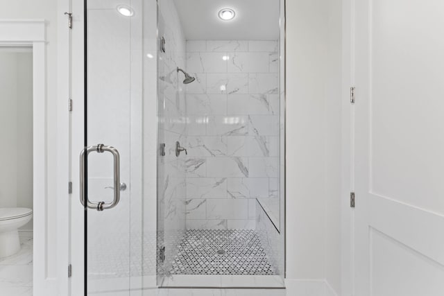 24 Barefoot Ln, Inlet Beach, FL 32461 - full bathroom featuring a stall shower, marble look tiles, and recessed lighting