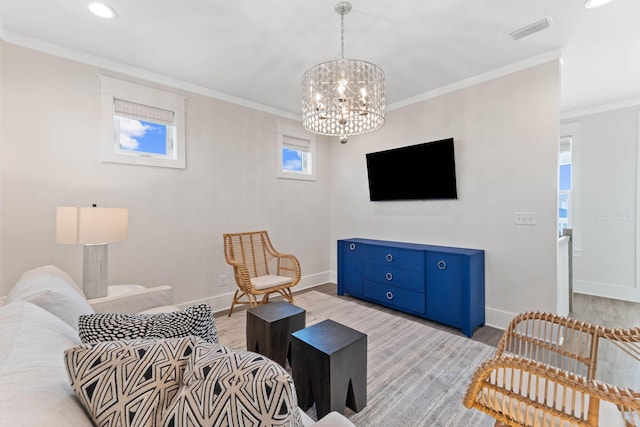 24 Barefoot Ln, Inlet Beach, FL 32461 - living area featuring light wood-style floors, a chandelier, ornamental molding, and recessed lighting