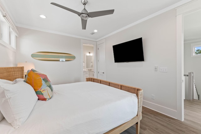 24 Barefoot Ln, Inlet Beach, FL 32461 - bedroom featuring wood finished floors, ornamental molding, recessed lighting, a ceiling fan, and connected bathroom