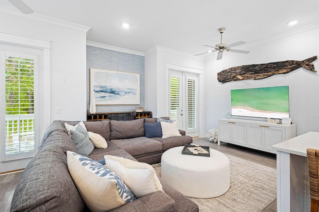 209 Milestone Dr Unit A, Inlet Beach, FL 32461 - living area featuring ceiling fan, wood finished floors, crown molding, and recessed lighting