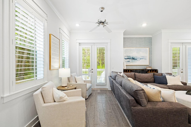 209 Milestone Dr Unit A, Inlet Beach, FL 32461 - living room featuring ornamental molding, dark wood-type flooring, a ceiling fan, and recessed lighting