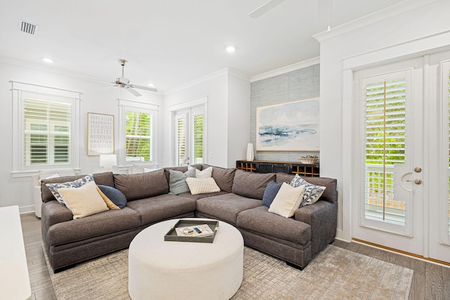 209 Milestone Dr Unit A, Inlet Beach, FL 32461 - living room with ceiling fan, light wood finished floors, ornamental molding, and recessed lighting