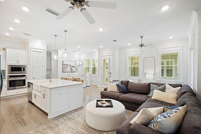 209 Milestone Dr Unit A, Inlet Beach, FL 32461 - living area with ceiling fan, ornamental molding, light wood-style floors, and recessed lighting